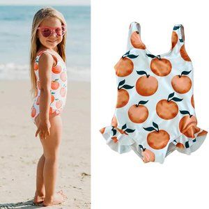 NWOT | GIRLS RUFFLED ONE-PIECE SWIMSUIT W/ORANGE PRINT | SZ 2T